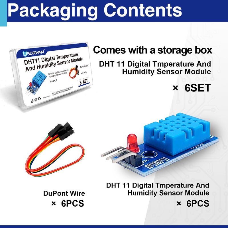 Usdrwam 6 Set Digital Temperature and Humidity Sensor Modules, Compatible with DHT11, 3.3V–5V Sensors for Arduino with Dupont Wires - Image 3